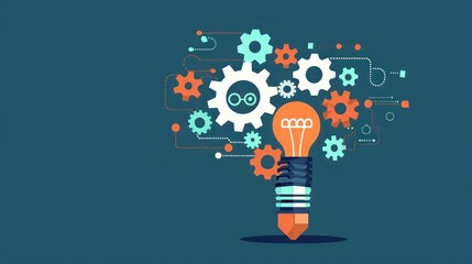 Capture the dynamics of innovation and creativity with a captivating stock photo featuring gear wheels in vector flat illustration form, accompanied by a creative mind pictogram.