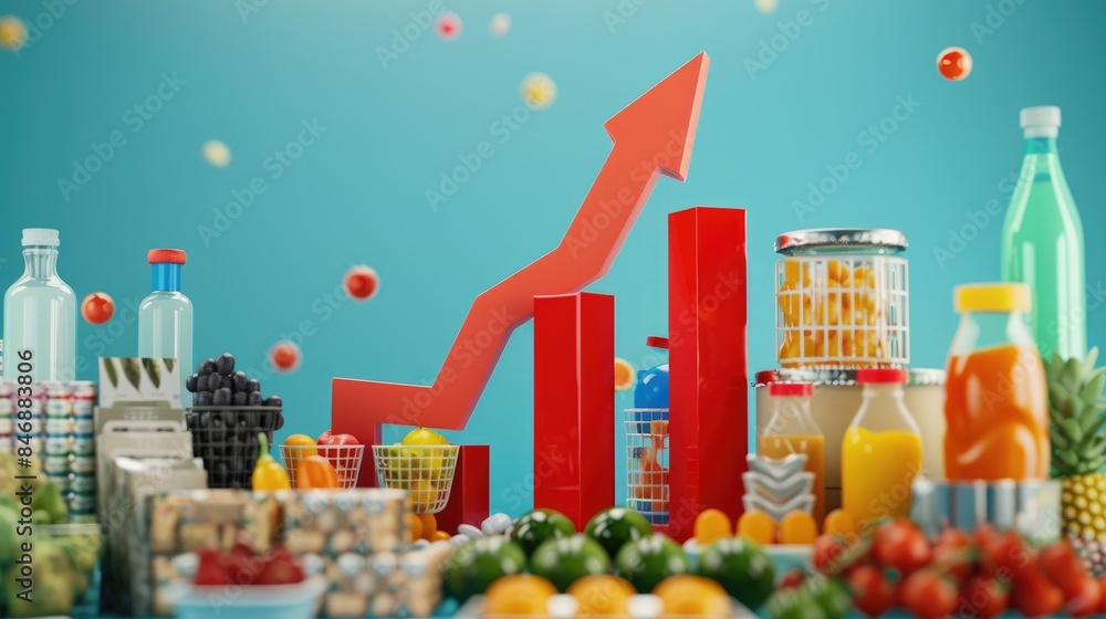 Poster graph with a 3d arrow pointing upward and grocery products, representing the inflation crisis and ri