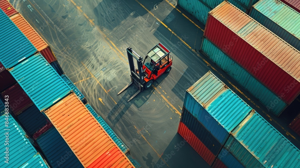 Poster forklift maneuvering a colorful container in a packed shipping yard, illustrating import-export logi