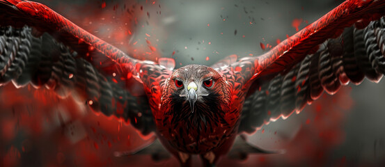A red hawk with wings spread wide, predominantly red and black colors only. Generative AI.