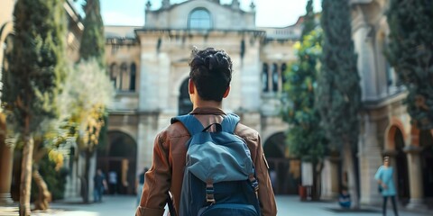 Student navigating university campus for backt. Concept Campus navigation, Student life, University facilities, Time management, Study tips