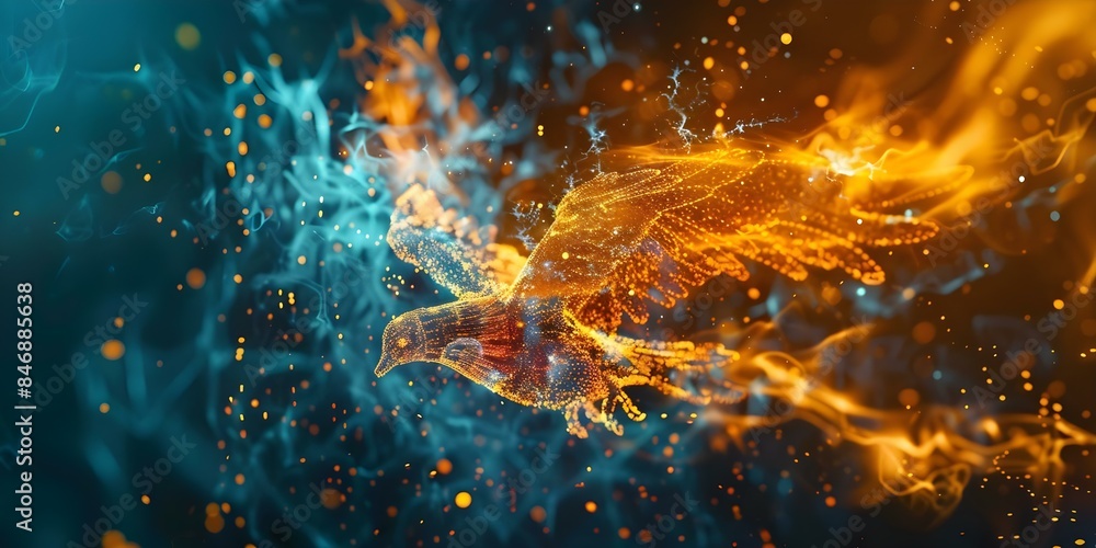 Poster recovering data post digital disaster rising like a phoenix from server ashes. concept data recovery