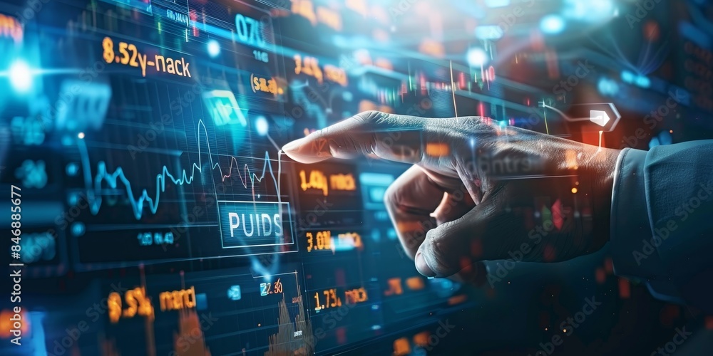 Poster businessman touching virtual stock market graph and data analysis interface.
