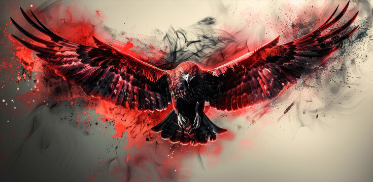 A red hawk with wings spread wide, predominantly red and black colors only. Generative AI.