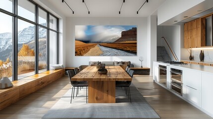 A modern kitchen with large oakwood dining table and a large architectural photo or landscape photo...