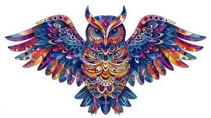 Craft an enchanting stock photo that celebrates the magic of mandala art with a vibrant owl design on a white background, expertly isolated to showcase its intricate patterns and rich colors. 
