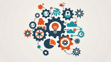 Fototapeta premium Craft an engaging stock photo that celebrates the spirit of invention with gear wheels depicted in vector flat illustration form, accompanied by a creative mind pictogram.