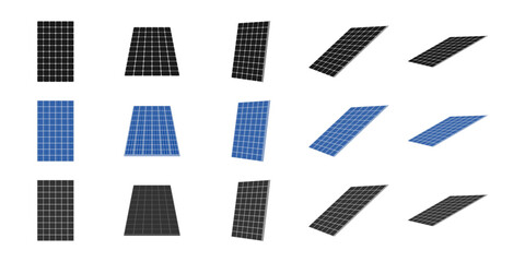 solar panels vector set, Types of Solar Cell Panels with different view. vector illustration isolated on white background.