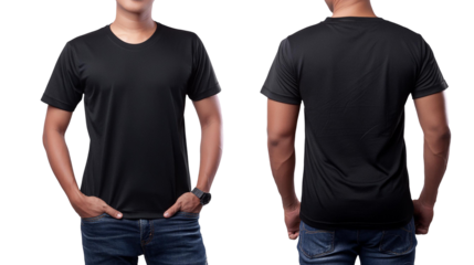 Plain black men t-shirt front and back for PNG mockup	