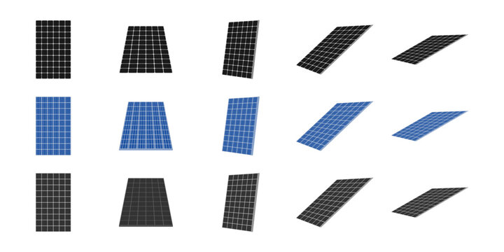 solar panels vector set, Types of Solar Cell Panels with different view. vector illustration isolated on white background.