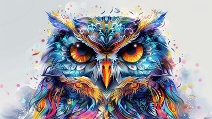 Craft an eye-catching stock photo that celebrates the wisdom and grace of owls with a colorful mandala rendition, beautifully isolated on a white background for a clean and modern look. 