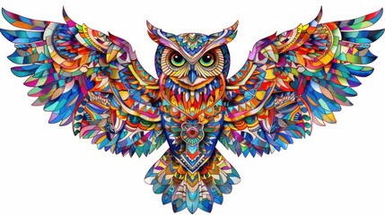 Illustrate the allure of mandala art with a dynamic stock photo showcasing a vibrant owl design on a white background, perfectly isolated to emphasize the intricate patterns and bold colors. © Wattana