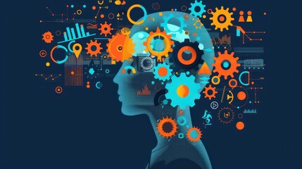 Illustrate the essence of innovation with a dynamic stock photo showcasing vector flat illustrations of gear wheels, representing technology and progress, alongside a creative mind pictogram.