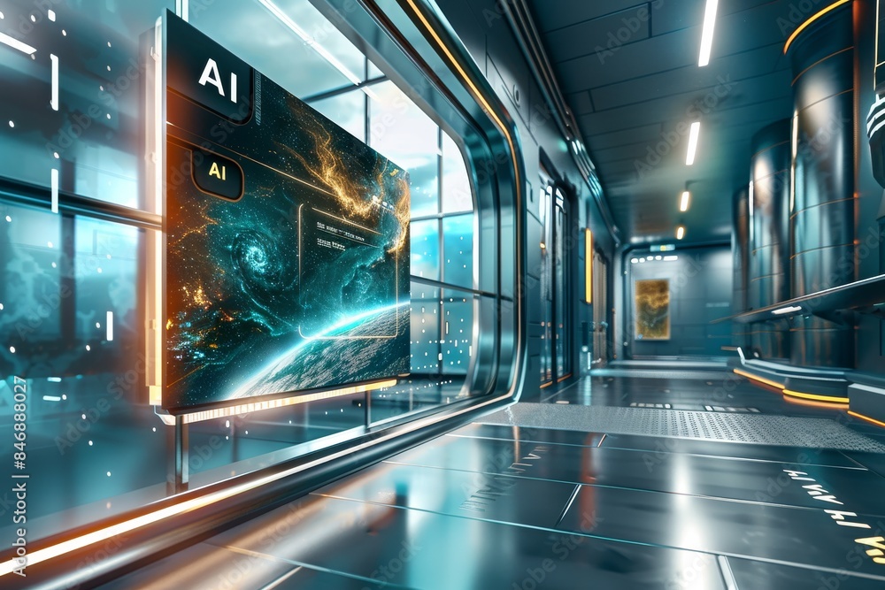 Poster ai microchip with intricate circuitry and vibrant blue neon lights symbolizing advanced technology a