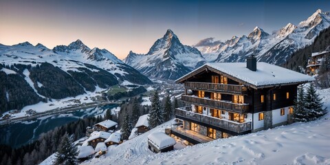 A breathtaking view of the Swiss Alps along with luxurious wooden cabins