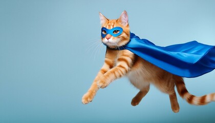 Superhero cat on a plain blue background