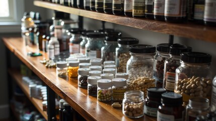 A close-up shot of a wooden shelf filled with glass jars containing various supplements and medications.
