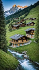 Fototapeta premium A breathtaking view of the Swiss Alps along with luxurious wooden cabins