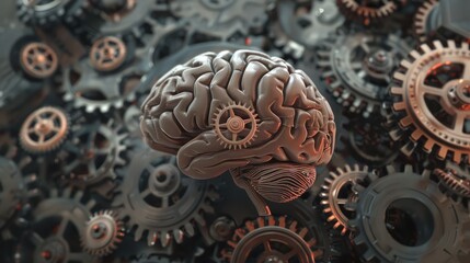 Obraz premium Visualize the fusion of knowledge and mechanics with a striking stock photo featuring a brain integrated with gear designs, symbolizing the intricate workings of the human mind.