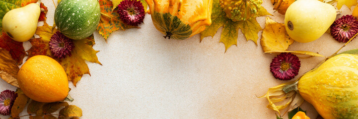 Autumn season, frame of various pumpkins and fallen leaves and chrysanthemum flowers, fall harvest, top view, banner