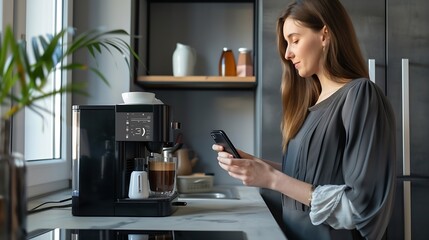 Female controlling coffee machine with phone at home Smart home concept : Generative AI