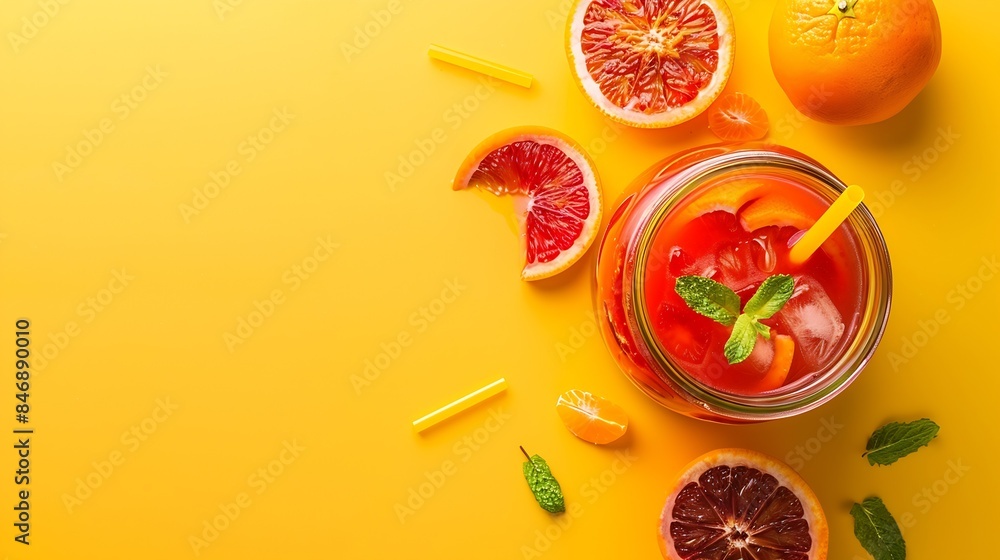 Aufkleber freshly squeezed blood orange juice with ice mint and a slice of fruit in a jar on a yellow backgrou