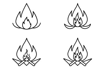 Campfire fiery black line icon set