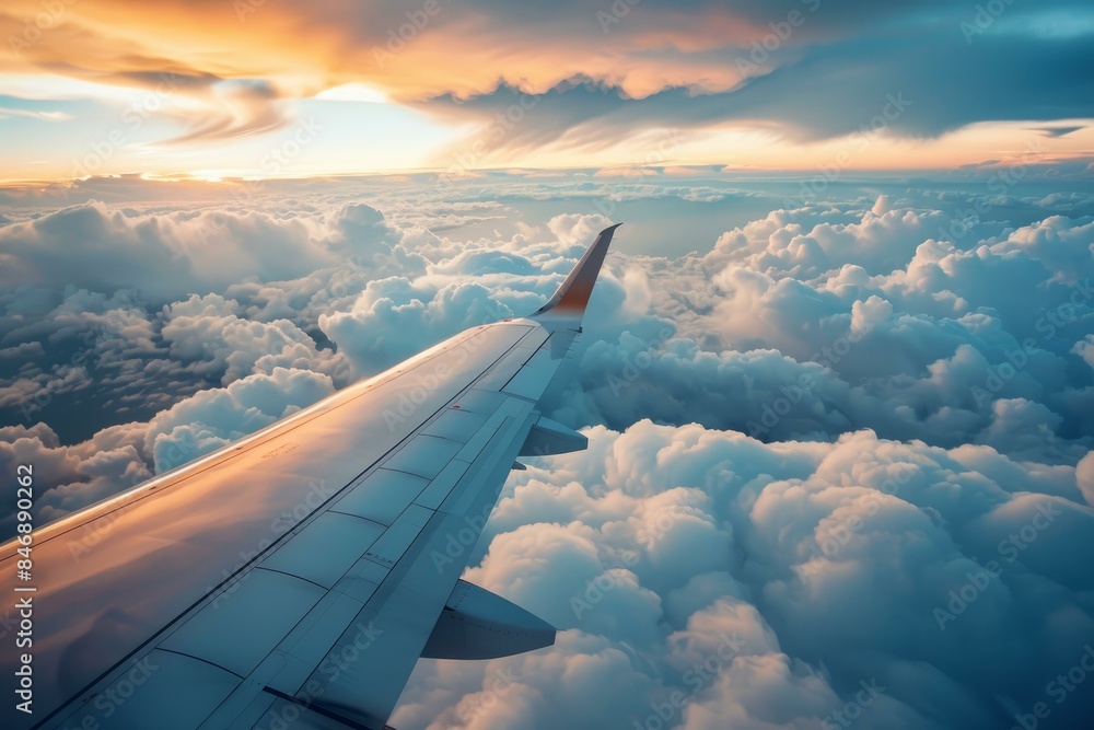 Poster stunning view from an airplane window with wing visible against a backdrop of clouds and a vibrant s