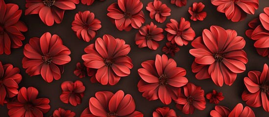 Fototapeta premium 3d render of red flowers on dark brown background seamless pattern, digital art, illustration