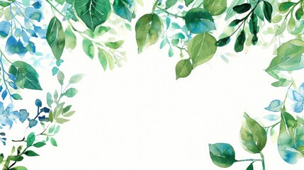 Watercolor border with green hues branch and blue floral elements Ideal for weddings invites cards and wallpapers