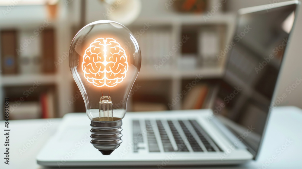 Poster glowing light bulb with a brain inside of it and a laptop computer, concept of solution and creative