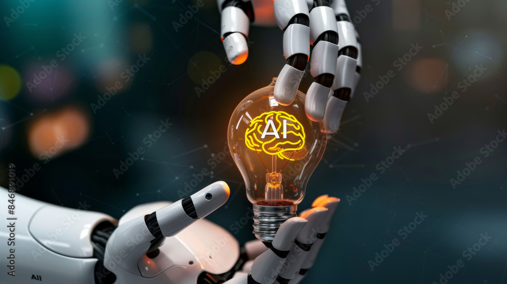 Poster artificial intelligence robot hand holding a light bulb with brain and the word ai on it, technology