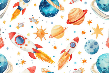 Seamless pattern spaceship. Planets, rockets and stars. Cartoon spaceship icons. Kid's elements watercolor. Childish background. Flat style hand drawn vector illustration.
