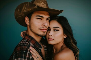 Portrait of a tender latino couple in their 20s wearing a rugged cowboy hat over solid color backdrop