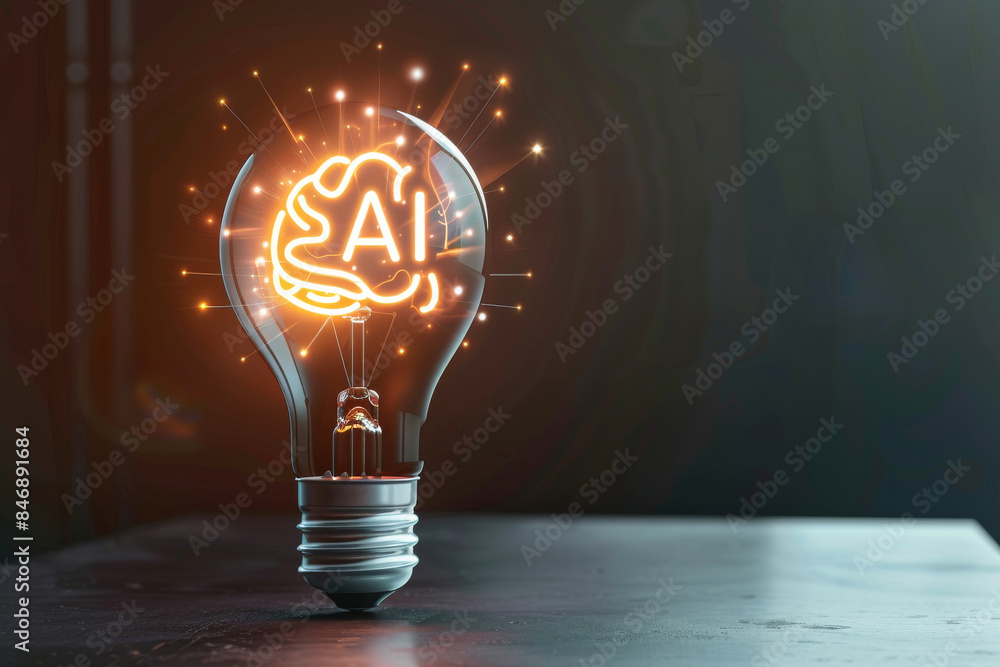 Poster a light bulb with a brain inside of it and the word ai on grey background. concept of artificial int