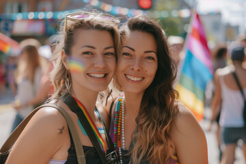 Fototapeta premium Lesbian couple during pride parade, women in love attending the gay march with smiles and rainbow flags