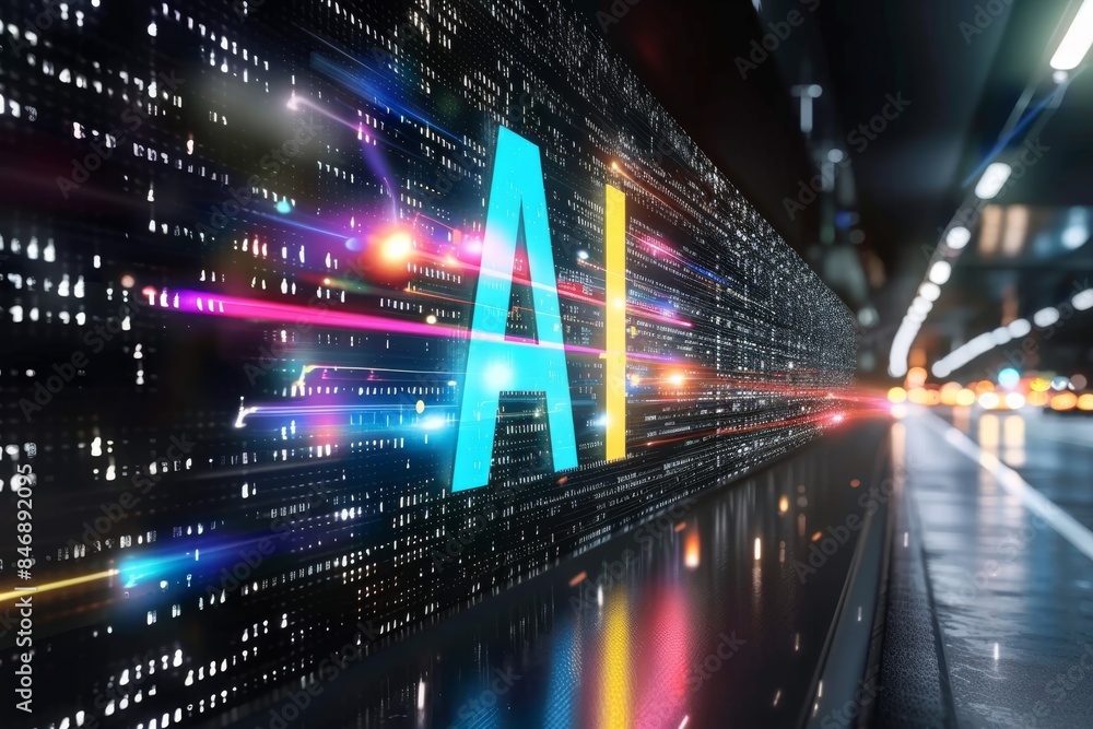 Poster ai symbol with vibrant neon lights and intricate patterns in a futuristic urban night setting reflec