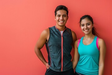 Obraz premium Portrait of a content latino couple in their 20s wearing a lightweight running vest over solid color backdrop