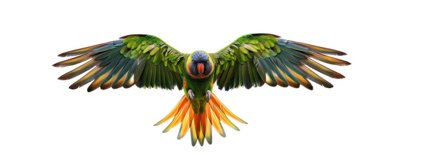 Obraz premium realistic an parrot colorfull is descending with its wings open with a front view, isolated on transparent png background