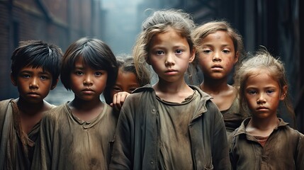 Fototapeta premium diverse young children in poor clothes, povetry and child labor concept