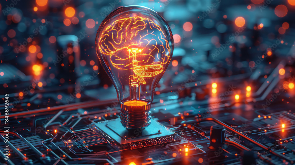 Aufkleber A 3D render of a sleek, metallic light bulb with an AI brain pattern inside, surrounded by a holographic circuit board on a dark, futuristic background. The vibrant neon colors. Generative AI.