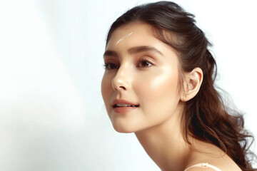 beautiful, cute woman, take care of her nails, beauty, white backdrop, portrait of looking straight into the camera,  white bright background