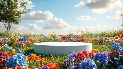Colorful round podium in a field of wildflowers, bright blooms and green grass, ideal 3D scene for product display