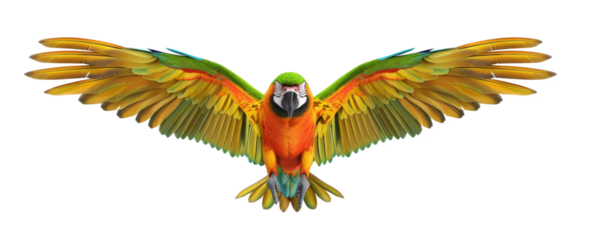 realistic an parrot colorfull is descending with its wings open with a front view, isolated on transparent png background