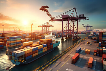 Logistics and transportation of Container Cargo ship and Cargo plane with working crane bridge in shipyard at sunrise, logistic import export and transport industry background