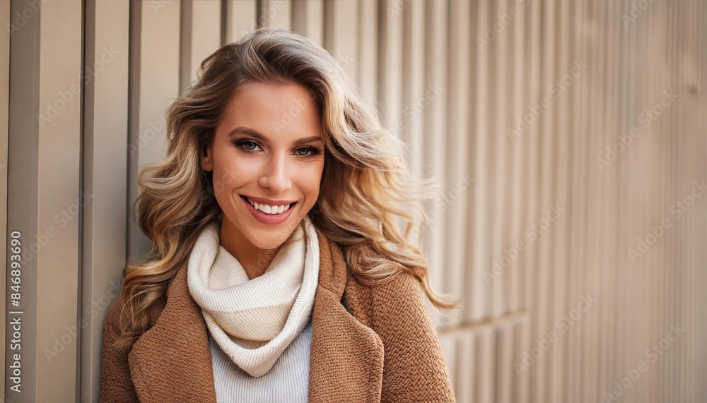 Wall mural a stylish lady with layered hair and a warm smile poses in front of a wall