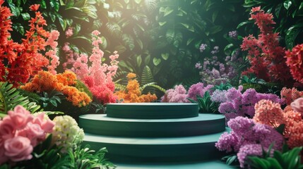 Empty round podium surrounded by a gradient of blooming flowers, transitioning colors, lush green backdrop, stunning 3D display