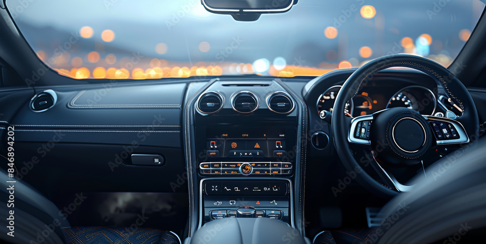 Poster a front-facing view of a luxury car interior, focusing on the air vent and dashboard, sleek black fi