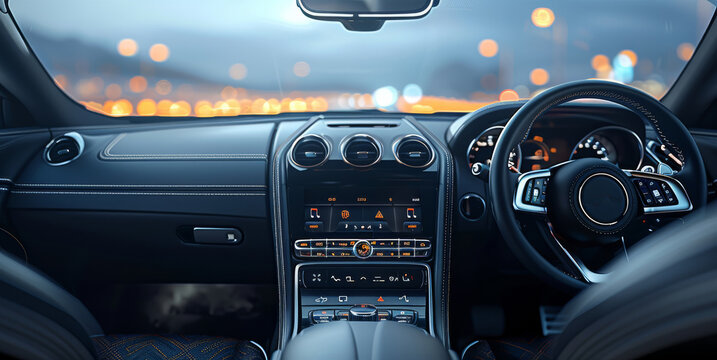 A front-facing view of a luxury car interior, focusing on the air vent and dashboard, sleek black finish, smooth leather textures, background slightly blurred with a digital display. Generative AI.