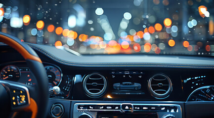 A front-facing view of a luxury car interior, focusing on the air vent and dashboard, sleek black finish, smooth leather textures, background slightly blurred with a digital display. Generative AI.